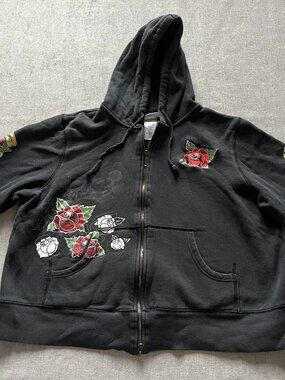 Disney Parks Full Zip Hoodie Women 1X Black Mickey Mouse Rose Tattoo Graphic